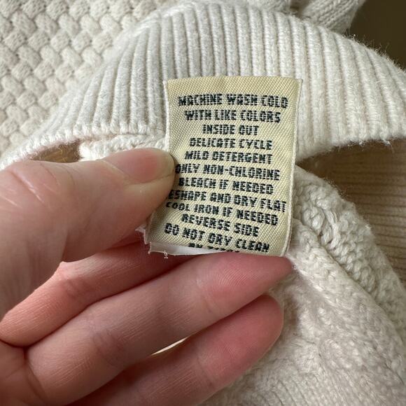 Md LL Bean Ivory Basket Weave Cotton Fisherman Sweater Boat Neck Nautical Preppy - Picture 6 of 6